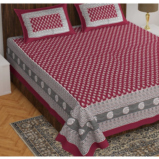 Generic Cotton Printed Queen Size Bedsheet With 2 Pillow Covers (Maroon, 90x100 Inch)