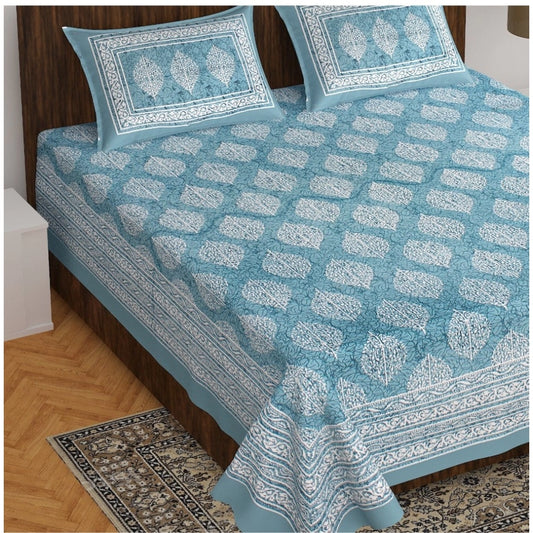 Generic Cotton Printed Queen Size Bedsheet With 2 Pillow Covers (Light Blue, 90x100 Inch)