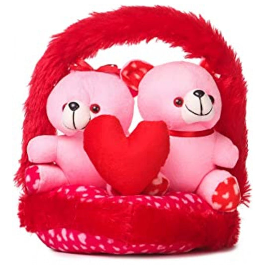 Generic Teddy Bear Couple Love in Basket (Red And Pink)