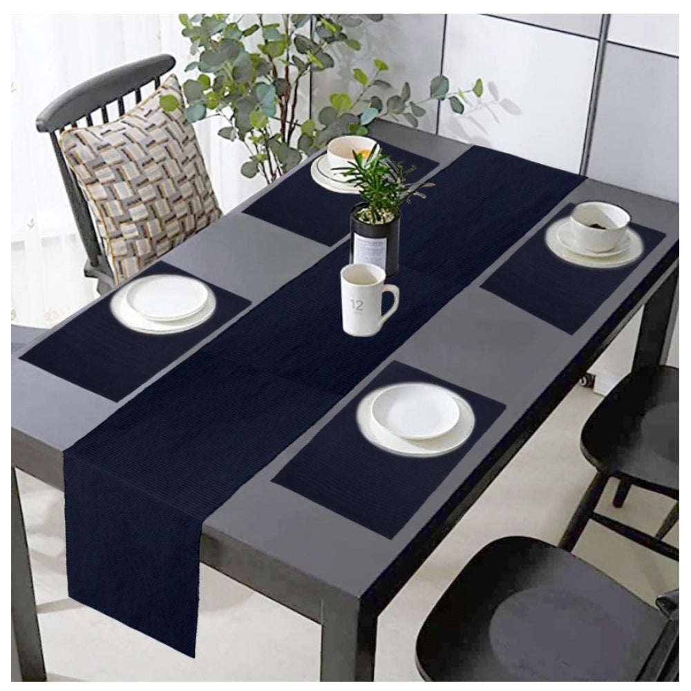 Generic Ribbed Cotton Table Runner and Placemats Sets (Navy Blue)