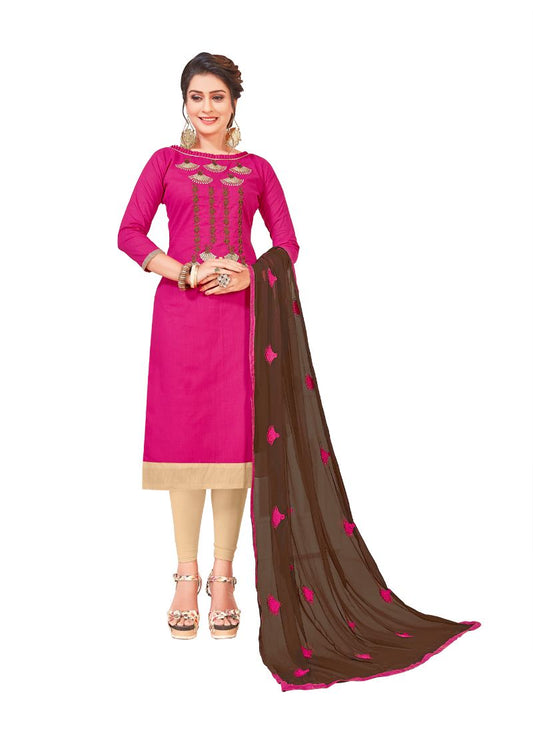 Generic Women's Slub Cotton Unstitched Salwar-Suit Material With Dupatta (Pink, 2-2.5mtrs)