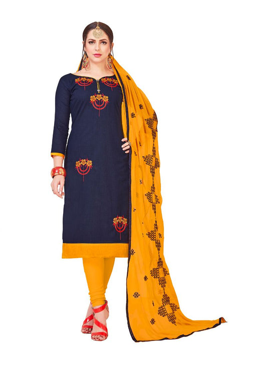 Generic Women's Slub Cotton Unstitched Salwar-Suit Material With Dupatta (Navy Blue, 2-2.5mtrs)
