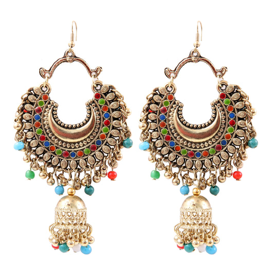 Generic Women's Oxidized Gold plated Hook Dangler Hanging Jhumki Earrings-Multicolour