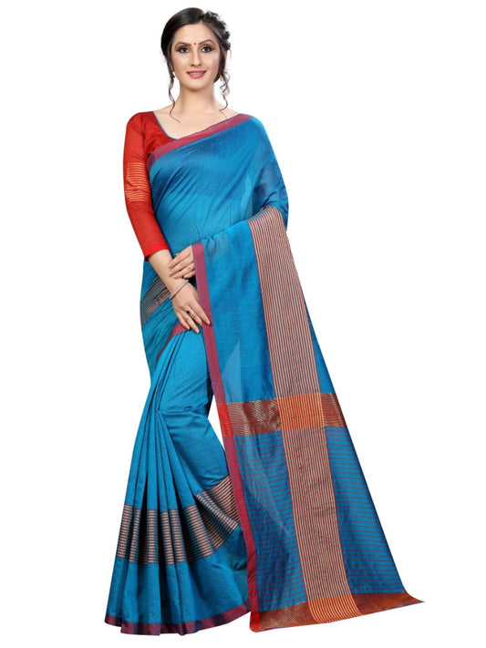 Generic Women's Cotton Saree With Blouse (Sky Blue, 5-6 Mtrs)