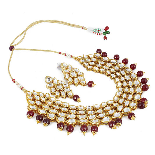 Maroon Gold-Plated Onyx Stone Kundan Necklace Set with Earrings