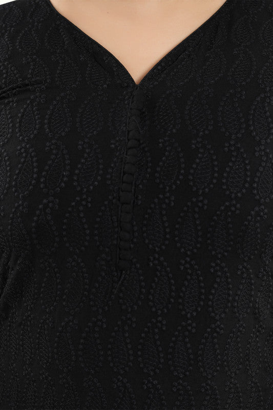 Generic Women's Rayon Embroidered Straight Kurti-Black