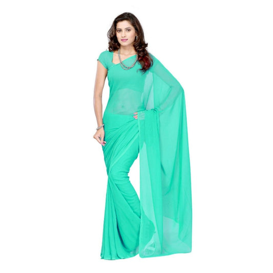Generic Women's Georgette Plain Saree With Blouse (Seagreen, 5-6 Mtrs)