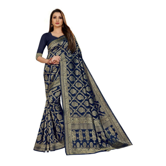 Generic Women's Jacquard Silk Kanjivaram Jacquard Silk Saree With Blouse (Navy Blue, 5-6 Mtrs)