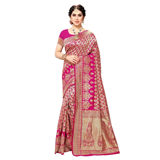 Generic Women's Jacquard Silk Kanjivaram Jacquard Silk Saree With Blouse (Pink, 5-6 Mtrs)