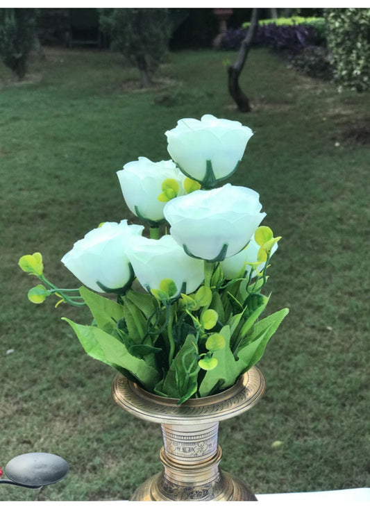 Generic Artificial Flowers Bunch Bouquet Of 6 Garden Roses For Home Decoration (Color: White, Material: Silk Polyester)