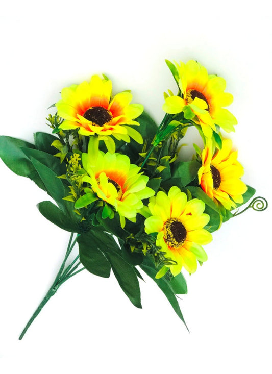 Generic Artificial Flowers Bunch Bouquet Of 5 Sunflowers For Home Decoration (Color: Yellow, Material: Silk Polyester)