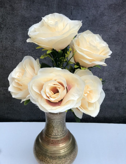 Generic Artificial Flowers Bunch Bouquet Of 5 Champagne Roses For Home Decoration (Color: Cream, Material: Silk Polyester)