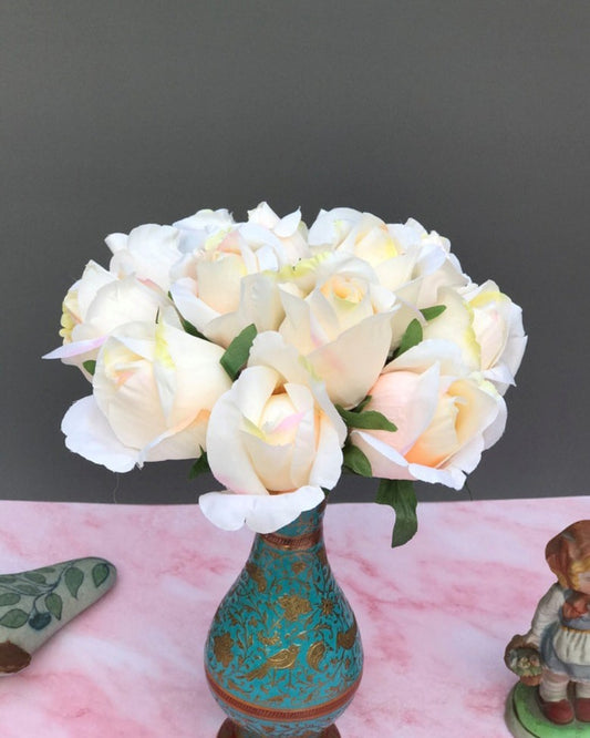 Generic Artificial Rose Flowers Bunch Bouquet Of 13 Roses For Home Decoration (Color: Cream, Material: Silk Polyester)