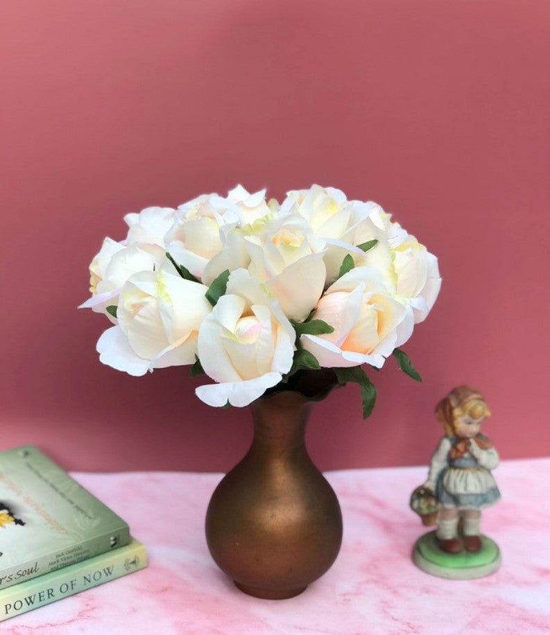 Generic Artificial Rose Flowers Bunch Bouquet Of 13 Roses For Home Decoration (Color: Cream, Material: Silk Polyester)