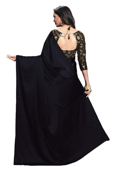 Generic Women's Satin Saree With Blouse (Black, 5-6mtrs)