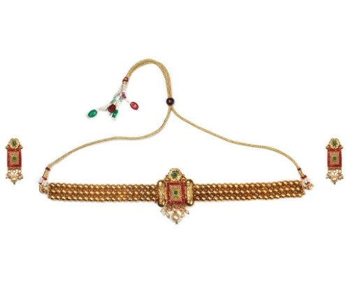Generic Women's Elegent And  Modern Gold Plated Chowker Set (Red And Green, Free Size)