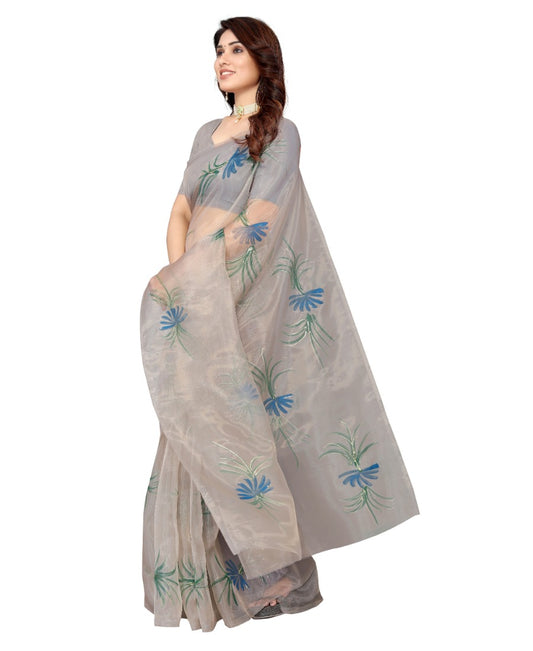 Generic Women's Organza Floral Pattern Sarees (Grey, 5-6 Mtrs)