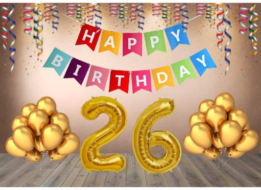 Generic 26Th Happy Birthday Decoration Combo With Multi Color Banner (Golden)