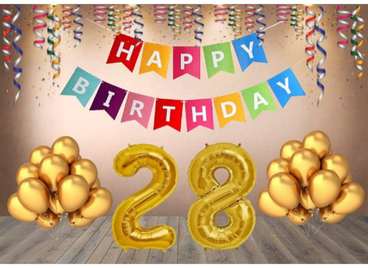 Generic 28Th Happy Birthday Decoration Combo With Multi Color Banner (Golden)