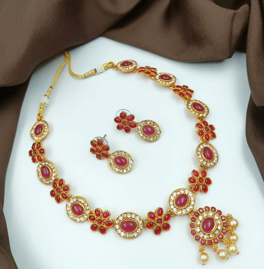 Generic Women's Gold Plated Traditional Necklace and Earrings Set (Red, Free Size)