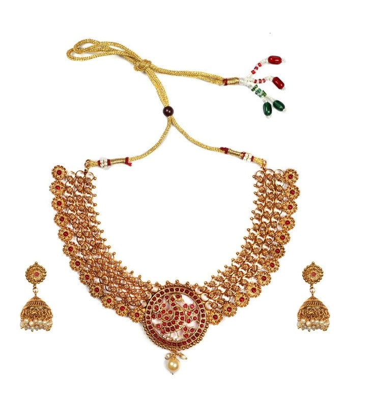 Generic Women's Gold Plated Temple Necklace and Earrings Set (Red, Free Size)