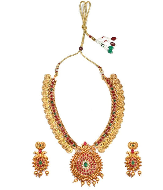 Generic Women's Gold Plated Temple Necklace and Earrings Set with Pearls (Multi Color, Free Size)