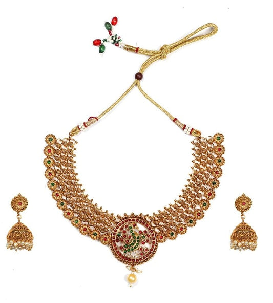 Generic Women's Gold Plated Necklace and Earrings Set with Meenakari Work (Multi Color, Free Size)