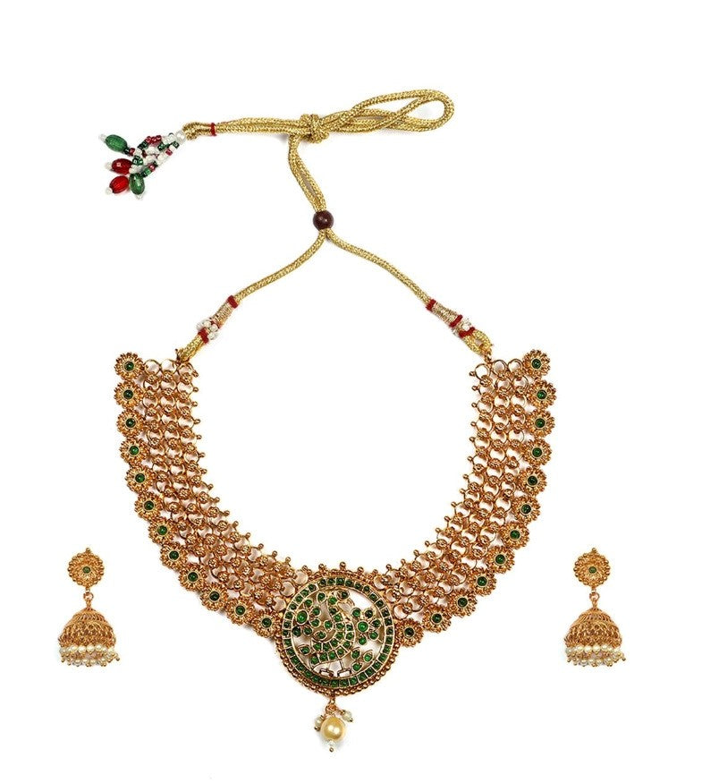 Generic Women's Gold Plated Necklace and Earrings Set with Meenakari Work (Green, Free Size)