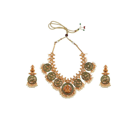 Generic Women's Goddess Glamour Gold Plated Temple Necklace and Jhumka Set (Green, Free Size)