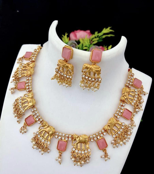 Generic Women's Gold Plated Temple Necklace and Necklace and Earrings Set (Pink, Free Size)