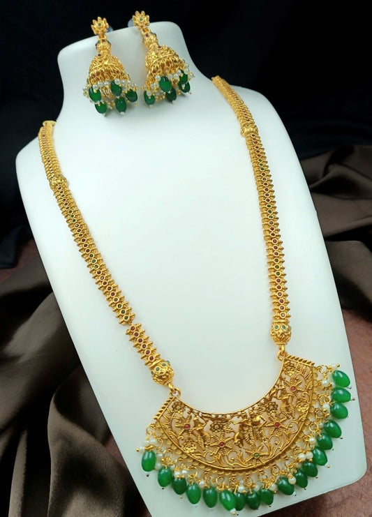 Generic Women's Gold Plated Temple Necklace and Earrings Set (Green, Free Size)