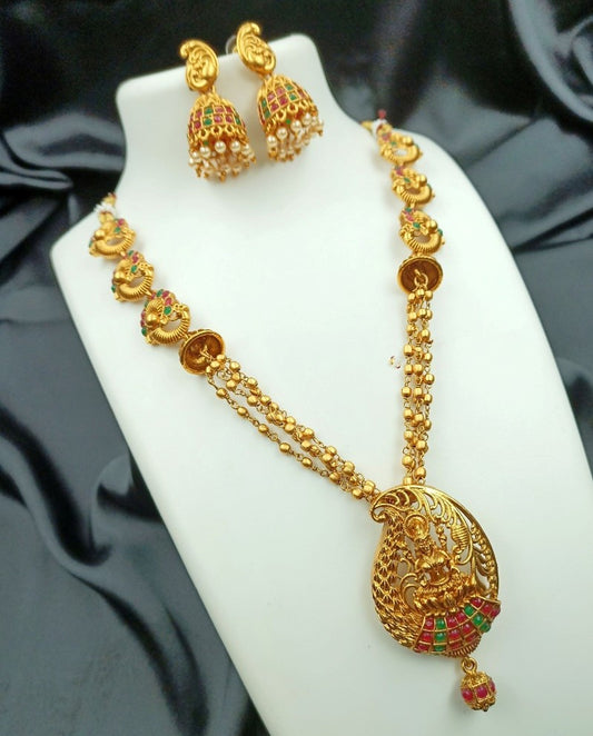 Generic Women's Traditional Temple Necklace and Earrings Set in Gold (Multi Color, Free Size)