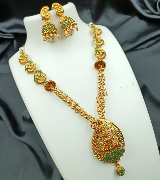 Generic Women's Traditional Temple Necklace and Earrings Set in Gold (Green, Free Size)