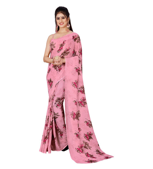 Generic Women's Poly Georgette Printed Saree Without Blouse (Pink)