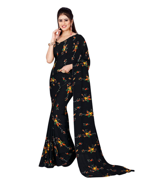 Generic Women's Poly Georgette Printed Saree Without Blouse (Black)