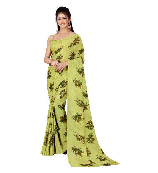 Generic Women's Poly Georgette Printed Saree Without Blouse (Light Green)