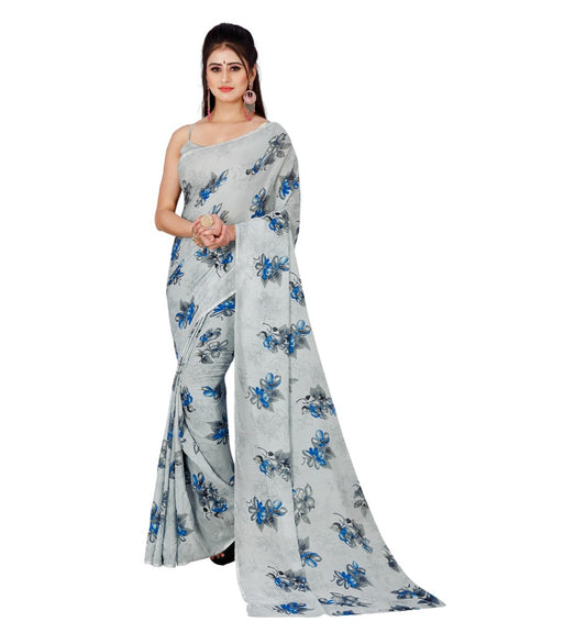 Generic Women's Poly Georgette Printed Saree Without Blouse (Cream)
