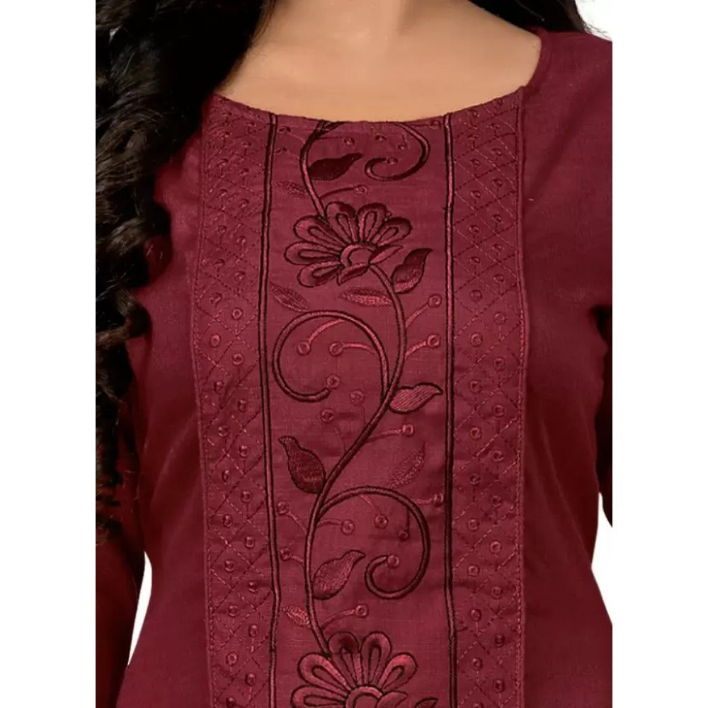 Generic Women's Cotton Blend Embroidered Pattern Calf Length Straight Kurti (Maroon)