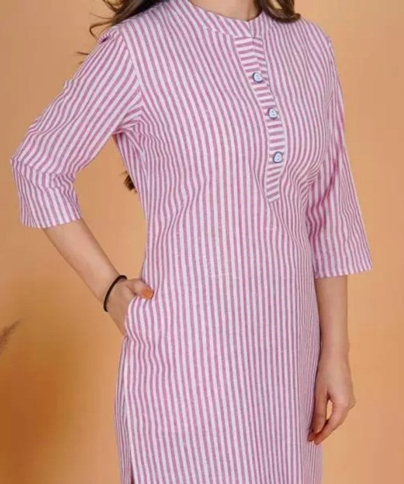 Generic Women's Cotton Blend Striped Pattern Calf Length A-line Kurti (Multicolor)