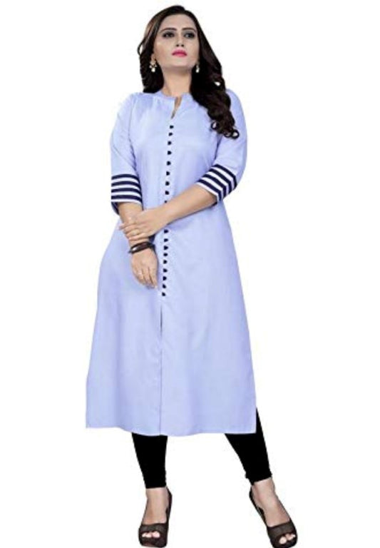 Generic Women's Cotton Blend Striped Pattern Calf Length Straight Kurti (Light Blue)