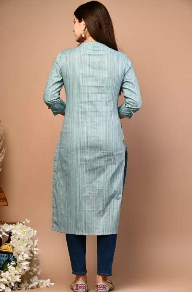 Generic Women's Cotton Blend Striped Pattern Calf Length Straight Kurti (Blue)