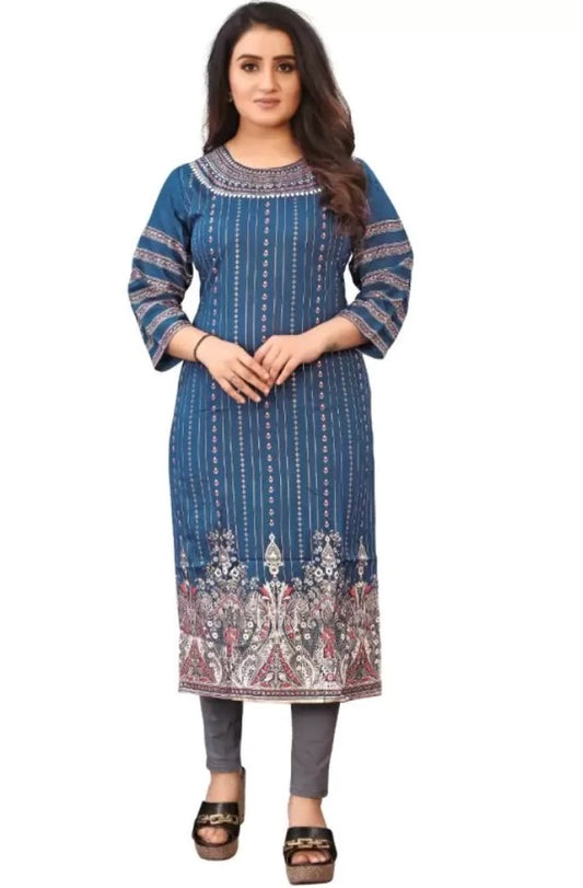 Generic Women's Cotton Blend Printed Pattern Calf Length Straight Kurti (Blue)