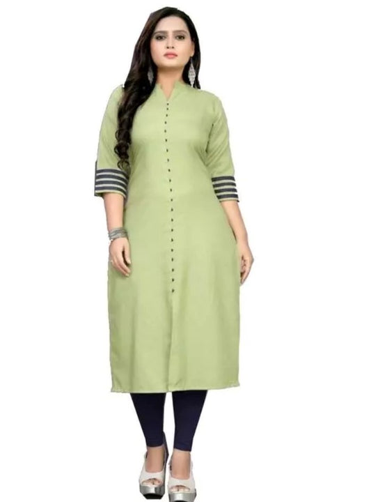 Generic Women's Cotton Blend Striped Pattern Calf Length Straight Kurti (Light Green)