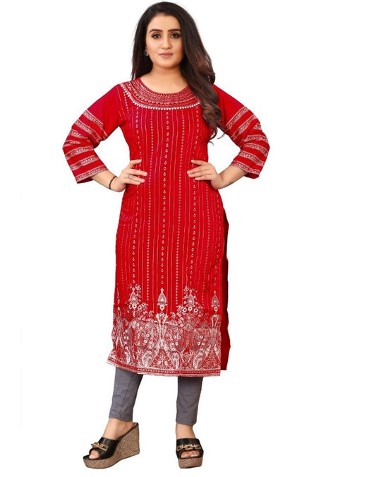 Generic Women's Cotton Blend Printed Pattern Calf Length Straight Kurti (Red)