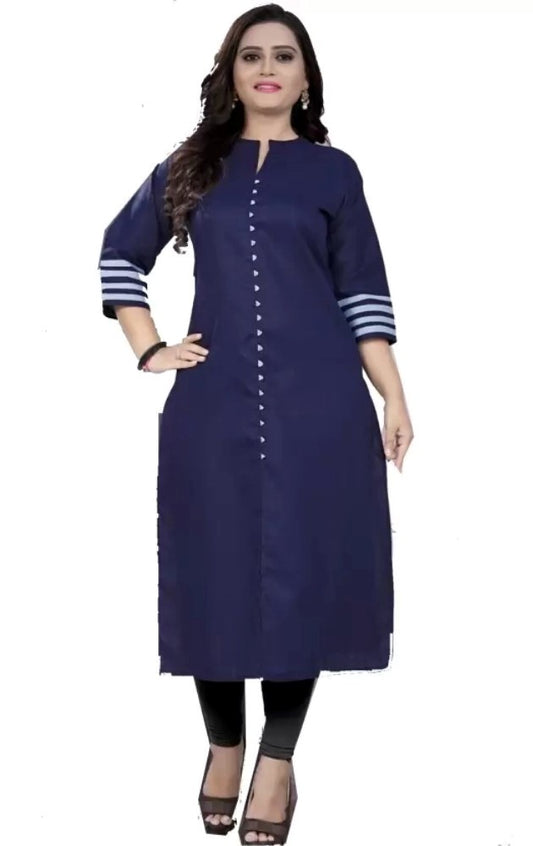 Generic Women's Cotton Blend Striped Pattern Calf Length Straight Kurti (Dark Blue)