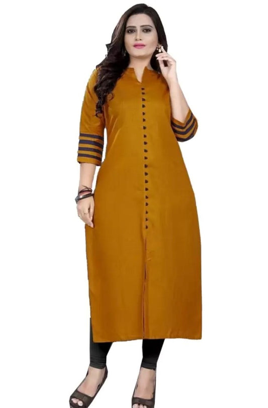 Generic Women's Cotton Blend Striped Pattern Calf Length Straight Kurti (Yellow)