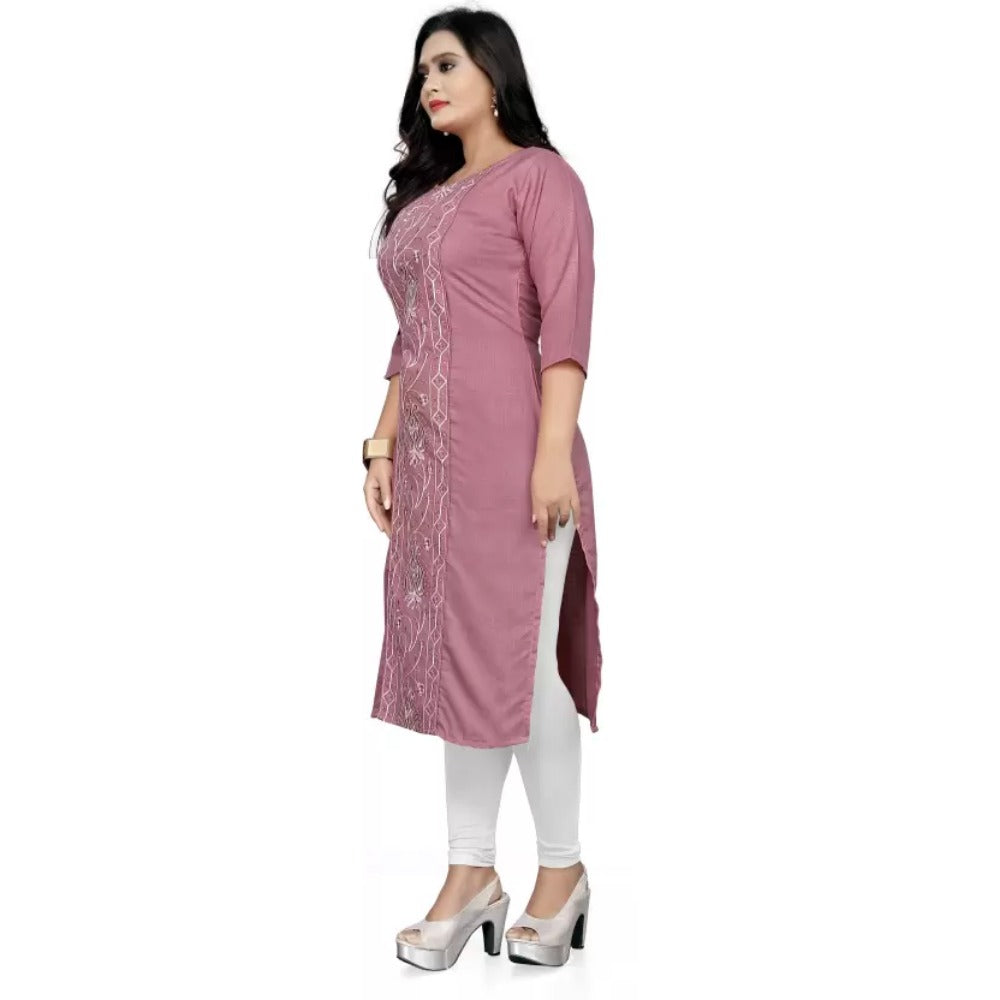 Generic Women's Cotton Blend Embroidered Pattern Calf Length Straight Kurti (Pink)