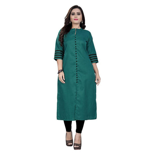 Generic Women's Cotton Blend Striped Pattern Calf Length Straight Kurti (Green)