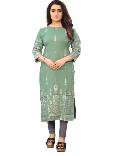 Generic Women's Cotton Blend Printed Pattern Calf Length Straight Kurti (Light Green)