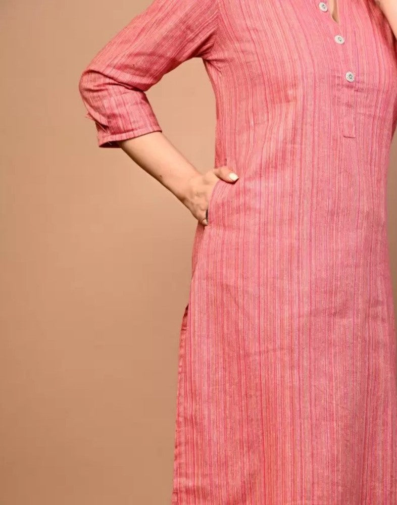 Generic Women's Cotton Blend Striped Pattern Calf Length Straight Kurti (Pink)